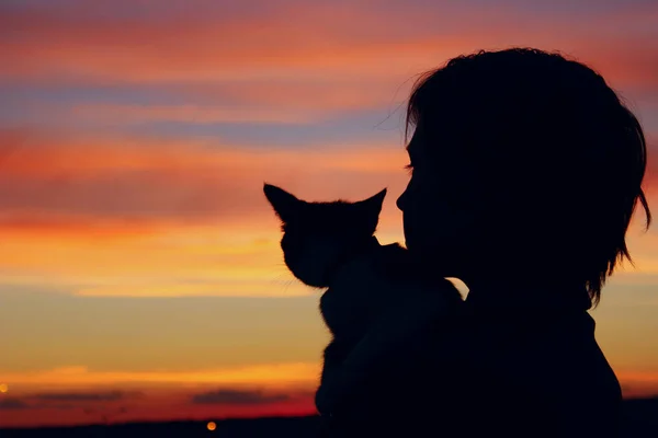 Personas Animales Mascotas Concepto Infancia Silueta Propietario Mascota Silueta Niña — Foto de Stock