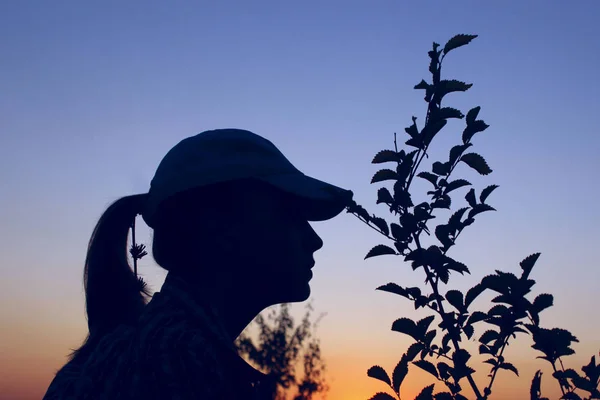 Silueta Niña Sobre Fondo Del Cielo Puesta Del Sol Personas —  Fotos de Stock