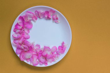 Soyut renkli arkaplan. Açık kahverengi arka planda pembe gül yapraklı beyaz tabak. Restoran yemek servisi..