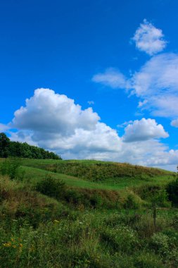 Yeşil alan ve mavi gökyüzü arka planı. Manzara, doğa konsepti. Doğa Arkaplanı.