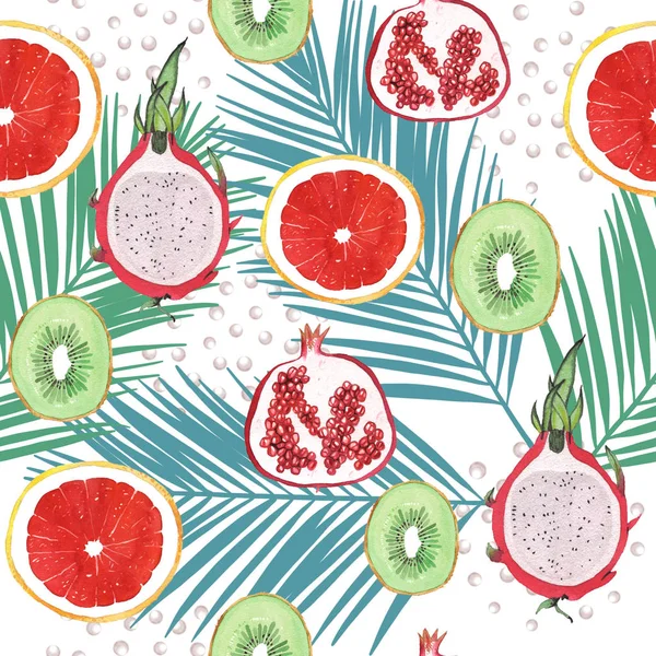 Akvarell Egzotikus Gyümölcs Tenyér Levél Minta Elszigetelt Fehér Background — Stock Fotó