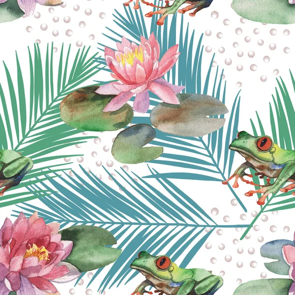 莲花和青蛙的水彩图案和棕榈叶手绘插图在白色背景下隔离 — 图库照片