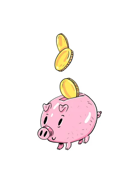 Sparschwein Mit Fallenden Goldmünzen Und Bitcoin Aquarell Illustration Isoliert Auf — Stockfoto