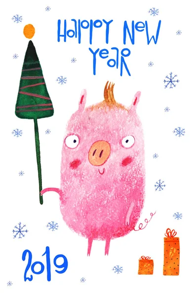 watercolor pig, new year cartoon illustration isolated on white background