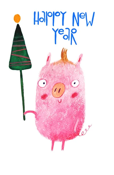 水彩豚 白い背景で隔離の新年漫画イラスト — ストック写真