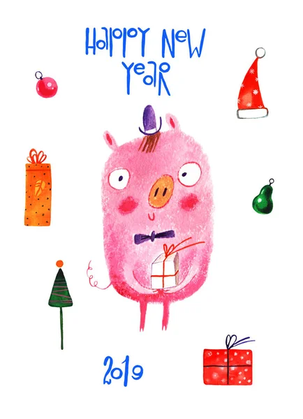 Акварельная Свинья Новый Год Набор Мультфильм Иллюстрации Изолированы Белом Фоне — стоковое фото
