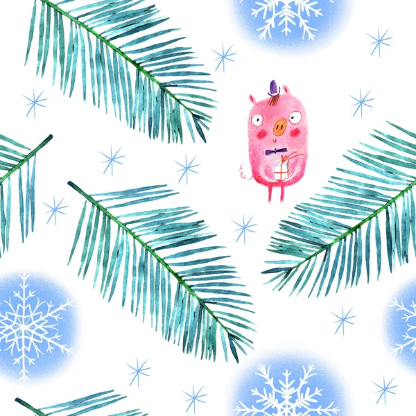 Merry Christmas Mönster Med Gris Och Snöflingor Illustration — Stockfoto