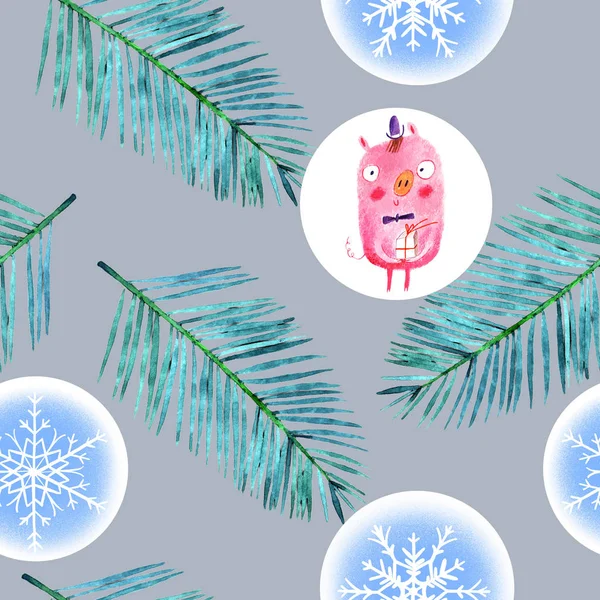 Merry Christmas Mönster Med Gris Och Snöflingor Illustration — Stockfoto