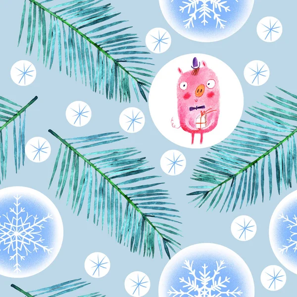 Merry Christmas Mönster Med Gris Och Snöflingor Illustration — Stockfoto