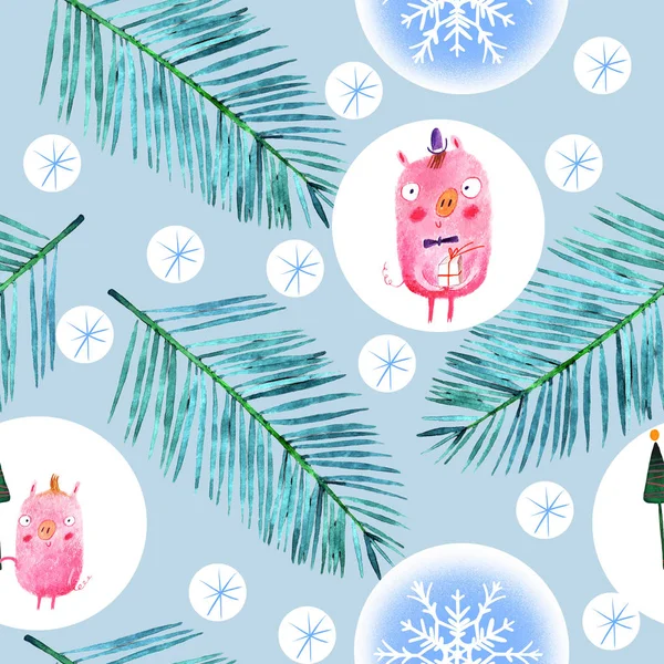 Neşeli Noel desen domuz ve kar taneleri çizim ile