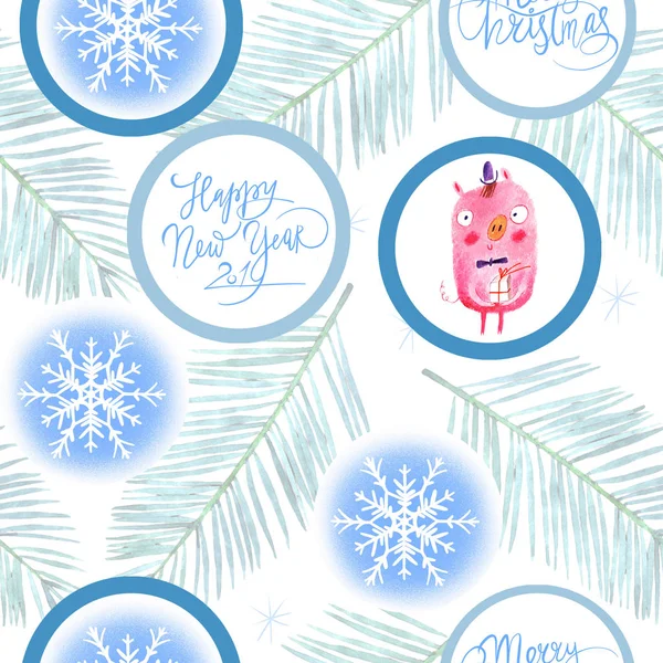 Merry Christmas Pattern Pig Snowflakes Illustration — Stock Photo, Image