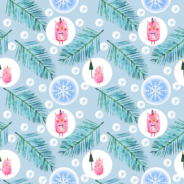 豚と雪の結晶のイラストとメリー クリスマスのパターン — ストック写真