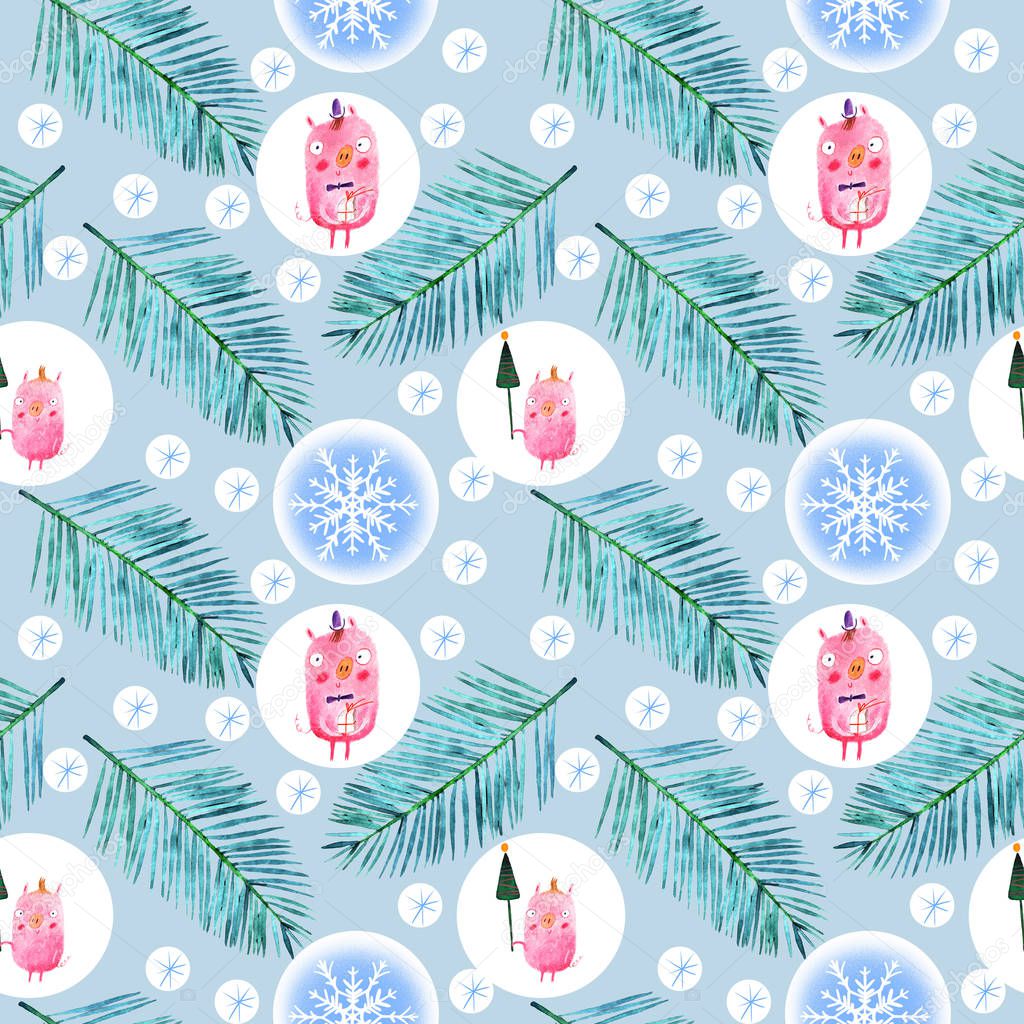 Merry christmas pattern with pig and snowflakes illustration