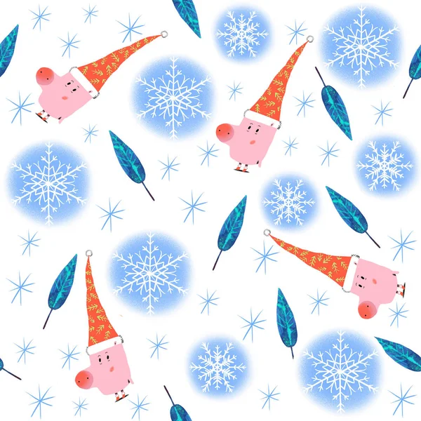 Merry Christmas Pattern Pig Snowflakes Illustration — Stock Photo, Image