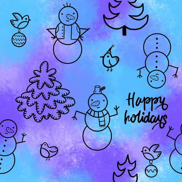 Winter Pattern Snowflakes Snowman Christmas Trees — Stock Photo, Image