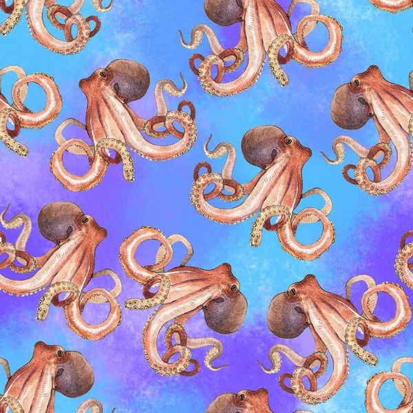 Watercolor octopus seamless pattern, hand painted illustration isolated on color background