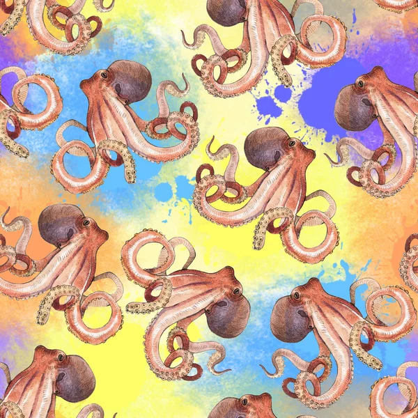 Aquarel Octopus Naadloze Patroon Handgeschilderde Illustratie Geïsoleerd Een Achtergrond Met — Stockfoto