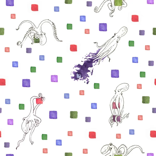 Akvarel Chobotnice Bezešvé Vzory Ilustrace — Stock fotografie