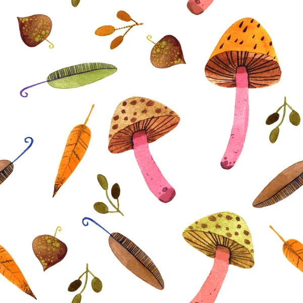 Aquarel Bladeren Paddestoelen Naadloze Patroon Illustratie — Stockfoto