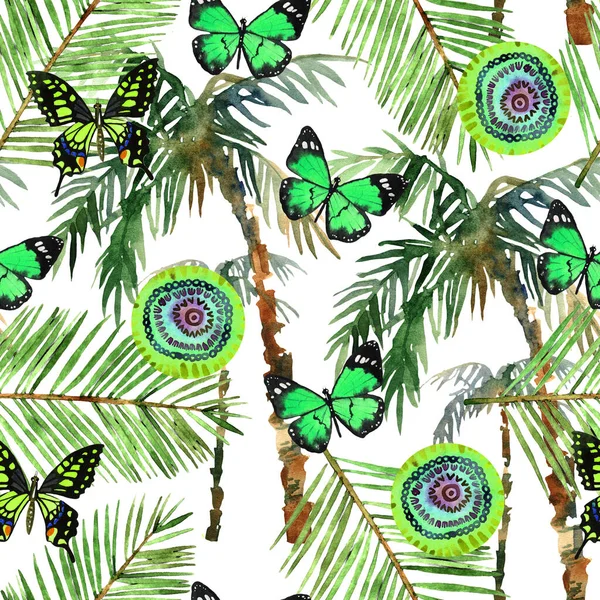 Komik Suluboya Pürüzsüz Desenli Çizimler Kelebekler Renkli Taşlar Palmiyeler Yapraklar — Stok fotoğraf
