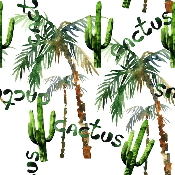Rolig Akvarell Och Sömlös Mönster Illustration Med Kaktus Blommor Palmer — Stockfoto