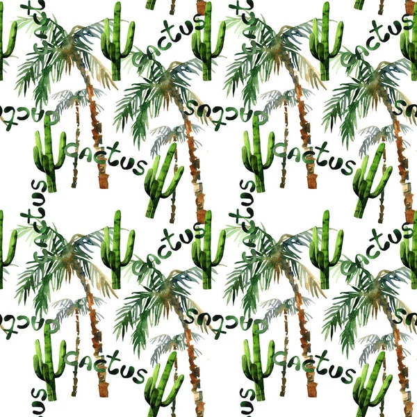 Funny Watercolor Seamless Pattern Illustration Cactus Flowers Palms Leafs — Stock Photo, Image