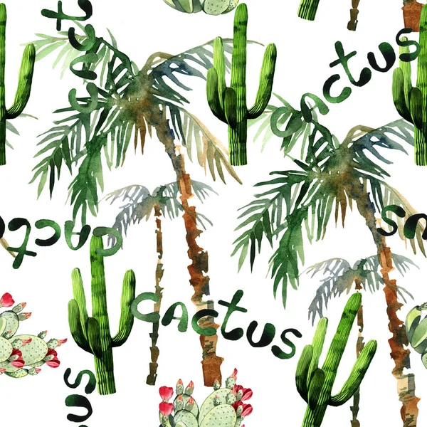 Funny Watercolor Seamless Pattern Illustration Cactus Flowers Palms Leafs — Stock Photo, Image