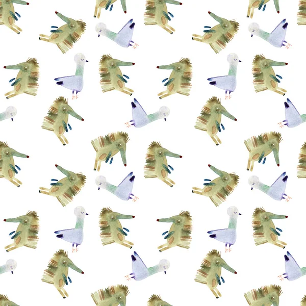 Безшовна Ілюстрація Візерунка Їжаками Чайками Ізольовані Білому Тлі — стокове фото