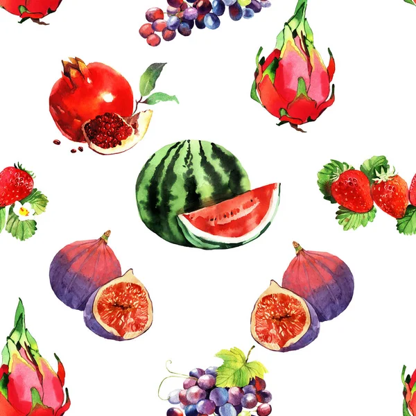 Nahtlose Musterillustration Mit Drachenfrucht Wassermelone Feigen Trauben Und Walderdbeeren Isoliert — Stockfoto