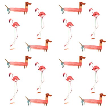 Beyaz arka planda izole edilmiş flamingoları ve köpekleri olan kusursuz desenli çizimler
