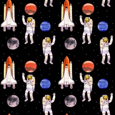 Seamless pattern illustration with space,planets, shuttles and cosmonauts isolated on black with white dots clipart
