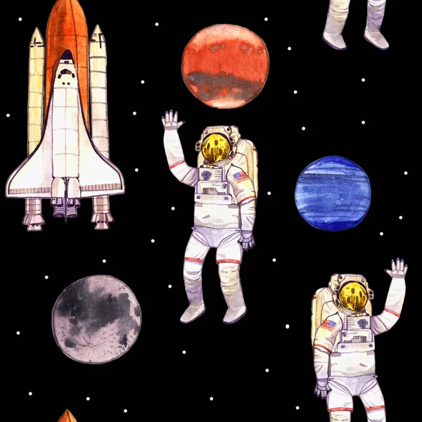 Płynny Wzór Ilustracji Przestrzeni Planet Promów Kosmonautów Izolowanych Czarno Białymi — Zdjęcie stockowe