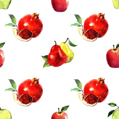 Elmalı suluboya ve pürüzsüz desenli çizimler beyaz arka planda izole edilmiş armut, saman ve narlar.