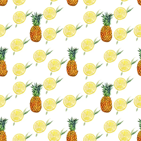 Ilustración Patrón Sin Costuras Con Limones Piñas Aisladas Sobre Fondo — Foto de Stock
