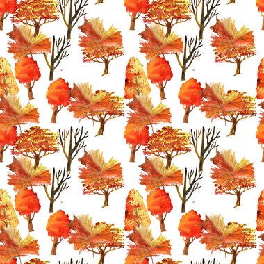 Sonbahar ormanı ve beyaz arka planda izole edilmiş yapraklarla kusursuz desenli çizimler.