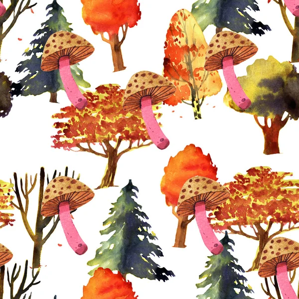 Bezešvé Vzor Ilustrace Podzimním Lesem Houbami Izolované Bílém Pozadí — Stock fotografie