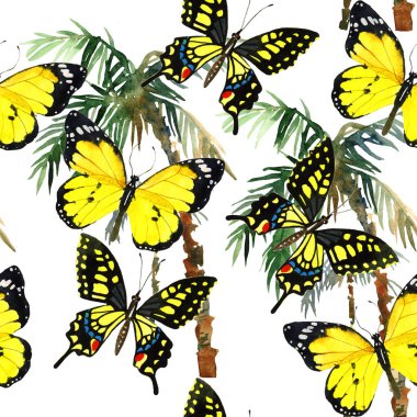 Beyaz arka planda izole edilmiş palmiyeler ve kelebeklerle kusursuz suluboya deseni çizimi
