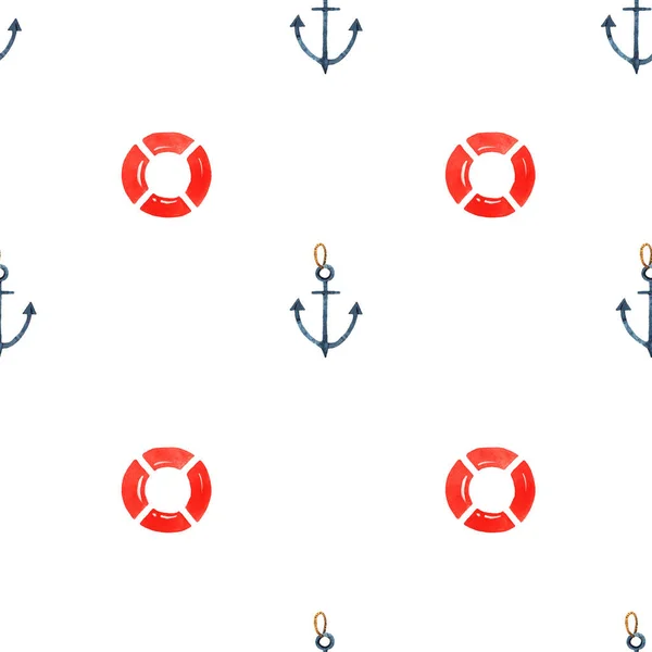 Seamless Pattern Illustration Anchors Lifebuoys Isolated White Background — Stock Photo, Image