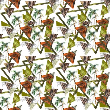 Beyaz arkaplanda izole edilmiş avuç içi ve üçgenler ile kusursuz desen çizimi