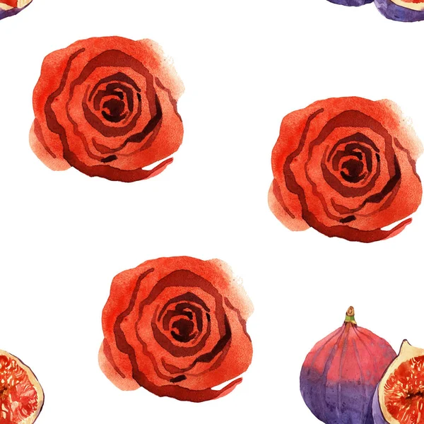 Zökkenőmentes Minta Illusztráció Vörös Rózsa Füge Elszigetelt Fehér Alapon — Stock Fotó