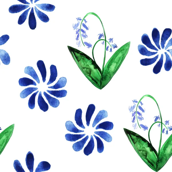 水彩花图案 在白色的背景上与蓝色的花朵隔离 — 图库照片
