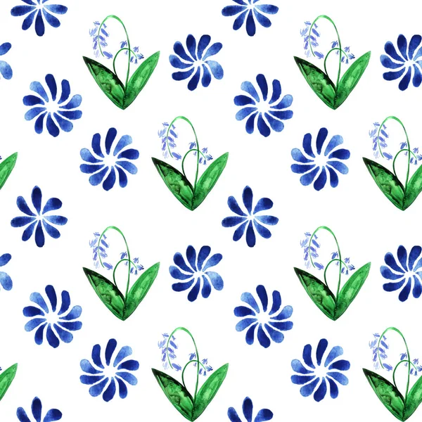 水彩花图案 在白色的背景上与蓝色的花朵隔离 — 图库照片