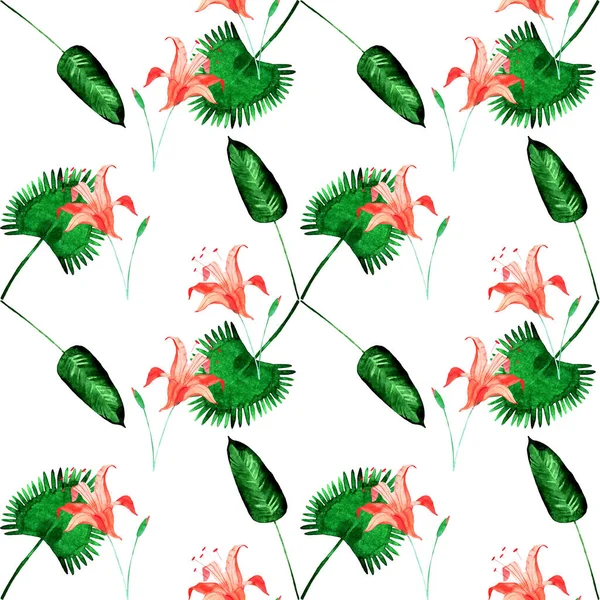 Sömlös Mönster Illustration Med Palm Ormbunkar Blad Och Liljor Isolerade — Stockfoto