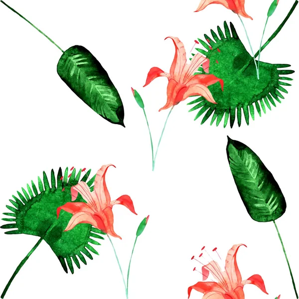 Бесшовная Иллюстрация Рисунка Пальмами Листьями Папоротника Лилиями Белом Фоне — стоковое фото