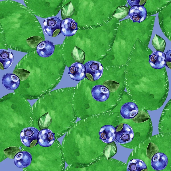紫地にブルーベリーと葉を分離したシームレスなパターンイラスト — ストック写真