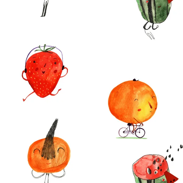 Sömlös Mönster Illustration Med Roliga Vattenmelon Apelsin Jordgubbar Och Mandarin — Stockfoto