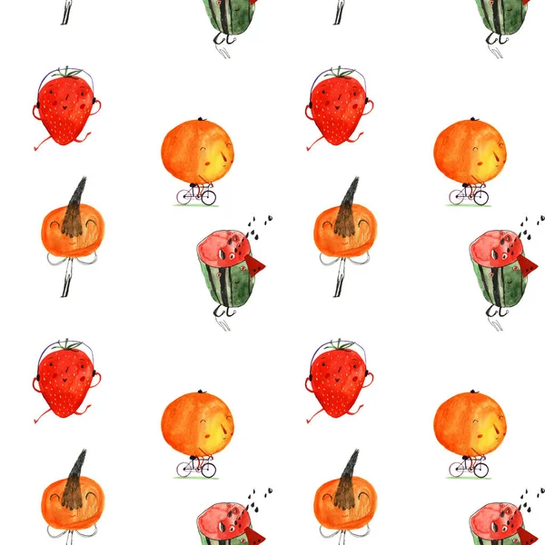Seamless pattern illustration with fun watermelon,orange,strawberry and tangerine isolated on  white background