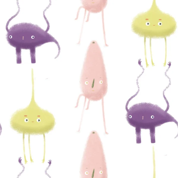 Весела Безшовна Ілюстрація Візерунка Мультяшними Виродками Фіолетових Зелених Рожевих Кольорах — стокове фото