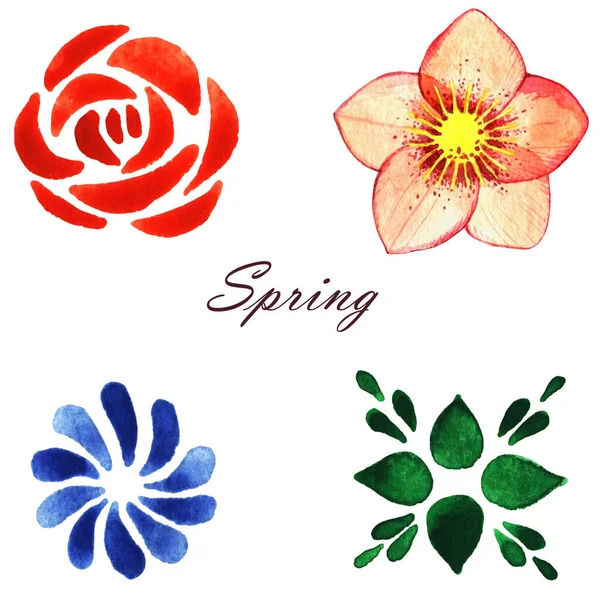 春の花と春の碑文のセットと白の背景に隔離された水彩の花のパターンの手を描いた — ストック写真
