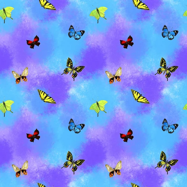 用红色 黄色和米黄色的蝴蝶在蓝紫色阴影的抽象背景下隔离的无缝图案图解 — 图库照片